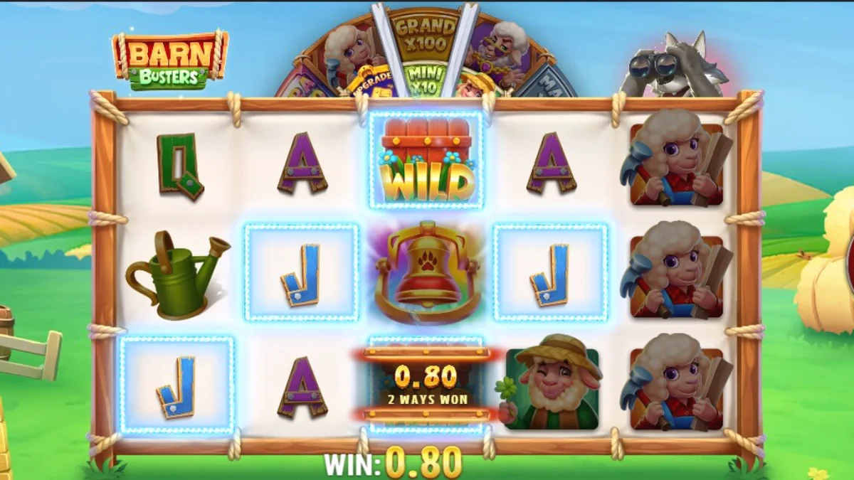 Tampilan visual slot Barn Busters dengan tema peternakan yang cerah