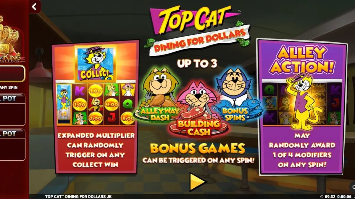 Tampilan visual karakter Top Cat dalam permainan slot bertema diner retro