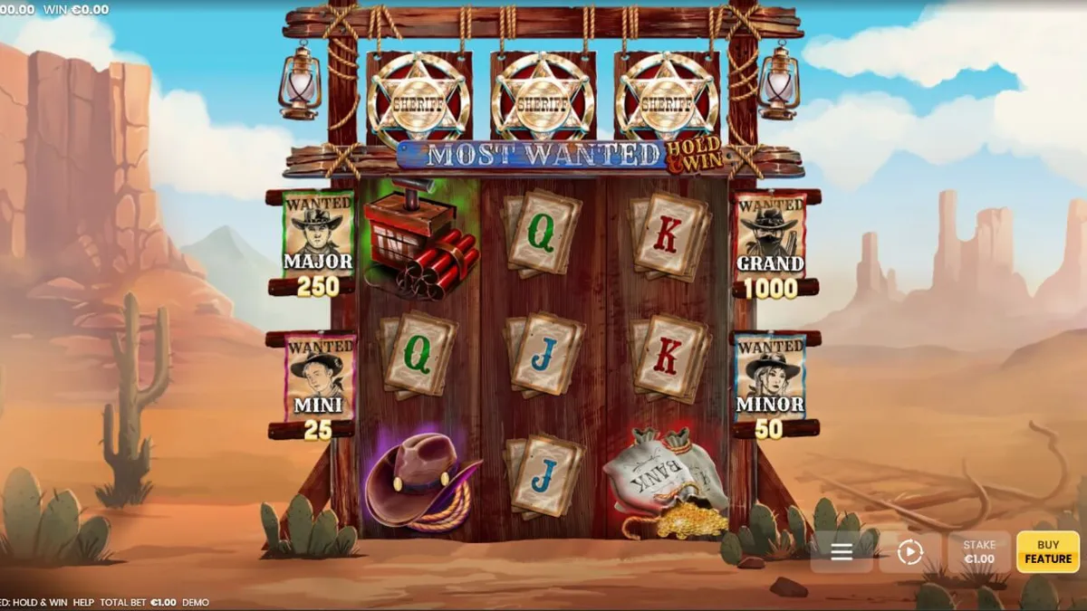 Tampilan visual slot Most Wanted: Hold & Win dengan tema koboi dan sheriff